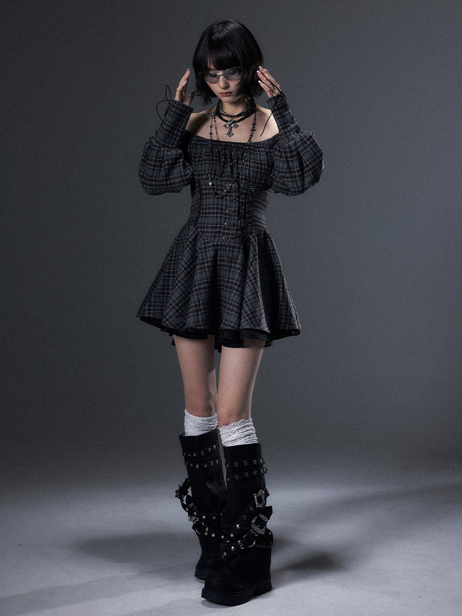 Frustration Garden Vintage Plaid Off Shoulder Tie A Line Long Sleeve Women&