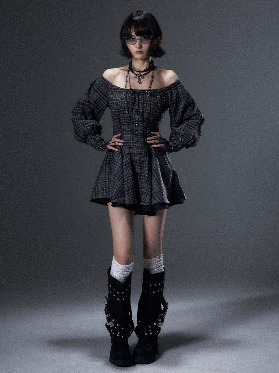 Frustration Garden Vintage Plaid Off Shoulder Tie A Line Long Sleeve Women&
