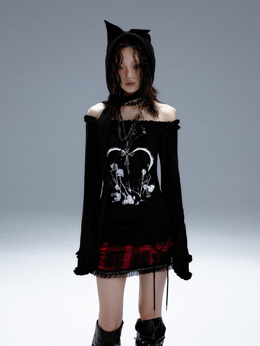 Frustration Garden Vintage Printed Bell Sleeve Hooded Asymmetric Women&
