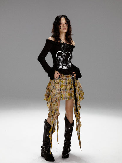 Frustration Garden Vintage Printed Bell Sleeve Hooded Asymmetric Women&
