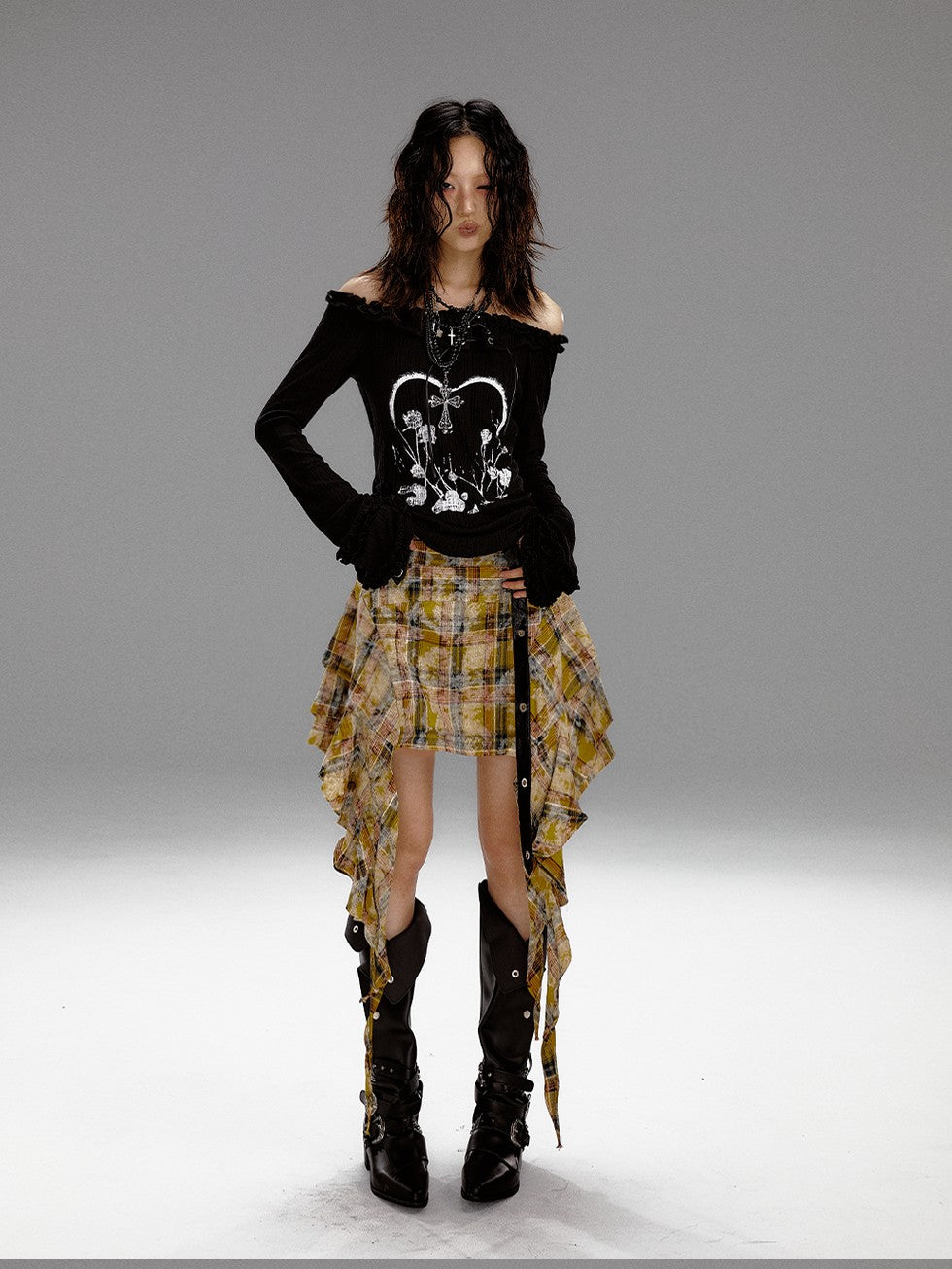 Frustration Garden Vintage Printed Bell Sleeve Hooded Asymmetric Women&