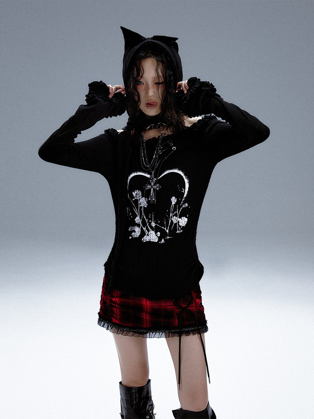 Frustration Garden Vintage Printed Bell Sleeve Hooded Asymmetric Women&