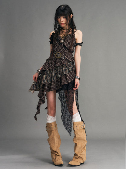 Frustration Garden Vintage Punk Asymmetrical Plaid Waist Cinched Women&