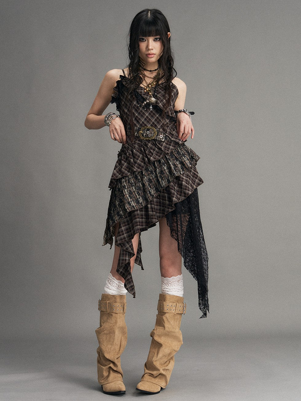 Frustration Garden Vintage Punk Asymmetrical Plaid Waist Cinched Women&