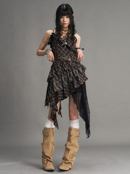 Frustration Garden Vintage Punk Asymmetrical Plaid Waist Cinched Women&