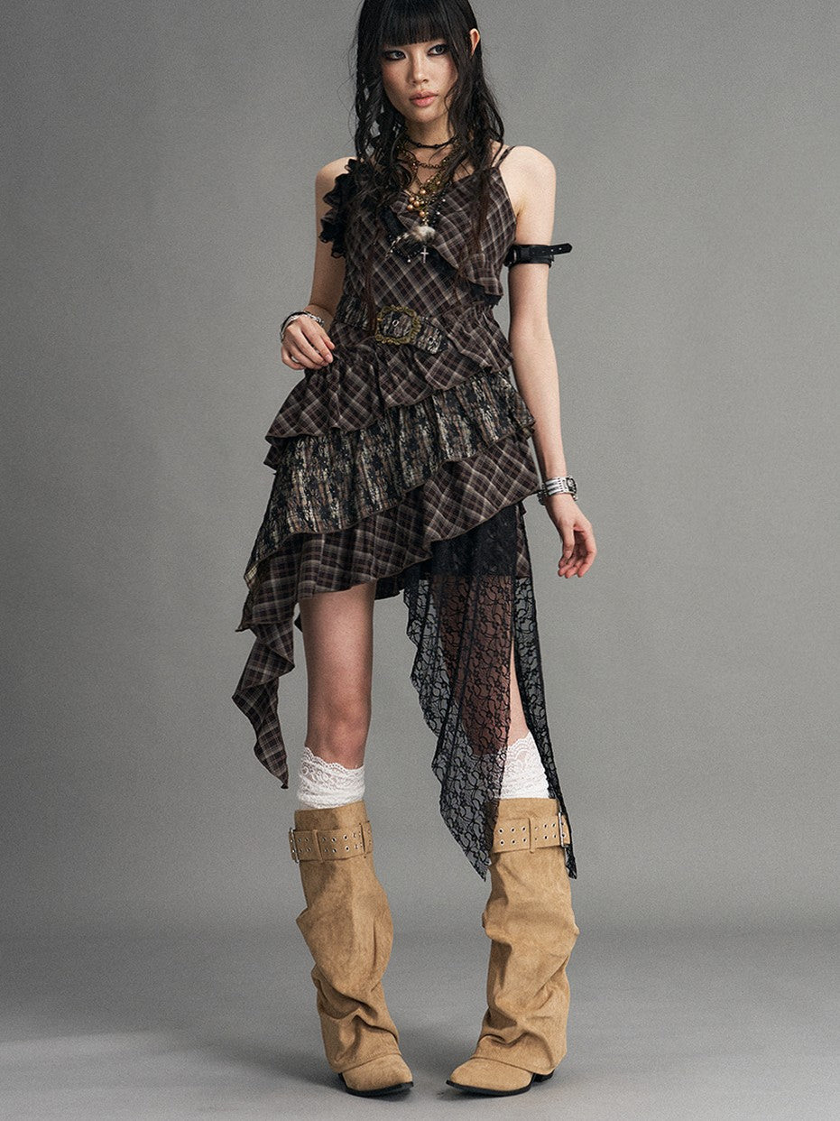 Frustration Garden Vintage Punk Asymmetrical Plaid Waist Cinched Women&