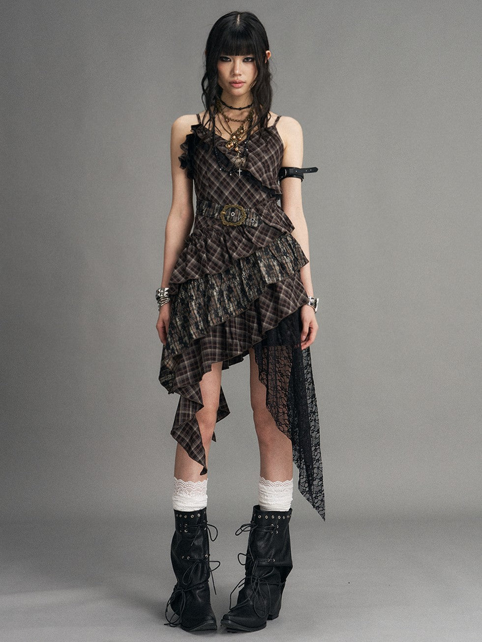 Frustration Garden Vintage Punk Asymmetrical Plaid Waist Cinched Women&