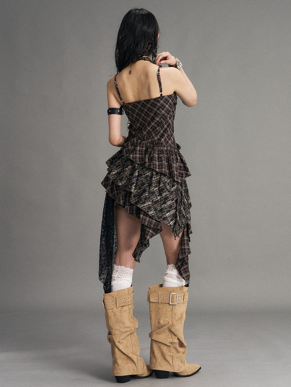 Frustration Garden Vintage Punk Asymmetrical Plaid Waist Cinched Women&