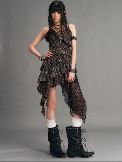 Frustration Garden Vintage Punk Asymmetrical Plaid Waist Cinched Women&