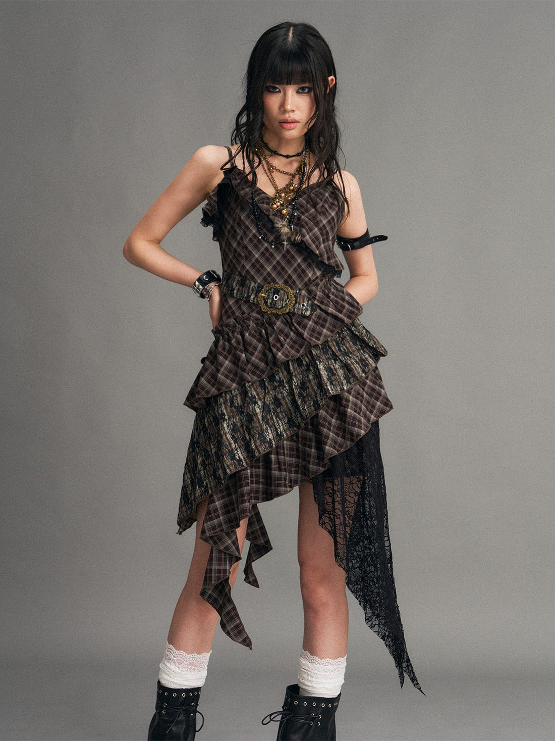 Frustration Garden Vintage Punk Asymmetrical Plaid Waist Cinched Women&