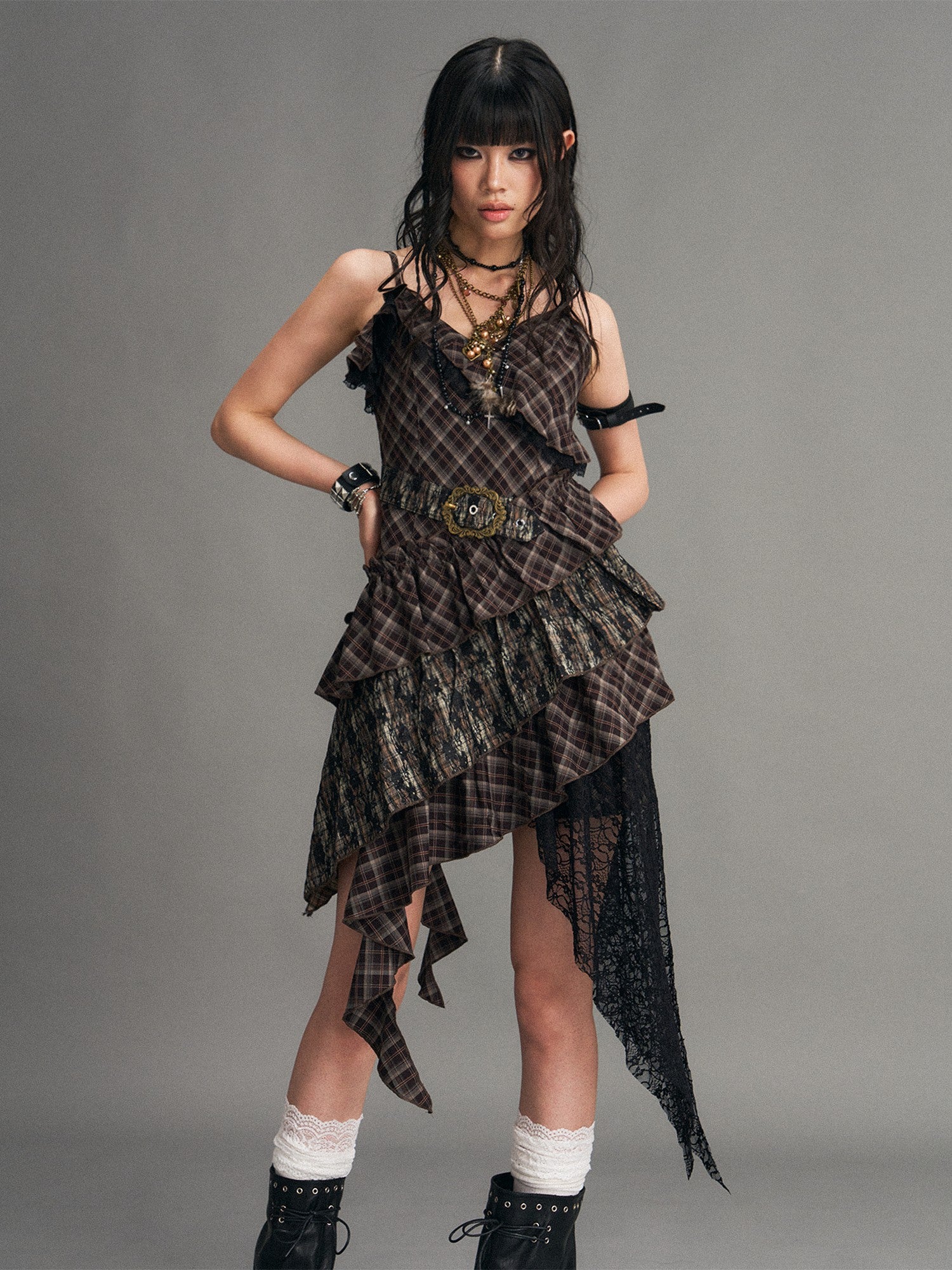 Frustration Garden Vintage Punk Asymmetrical Plaid Waist Cinched Women&