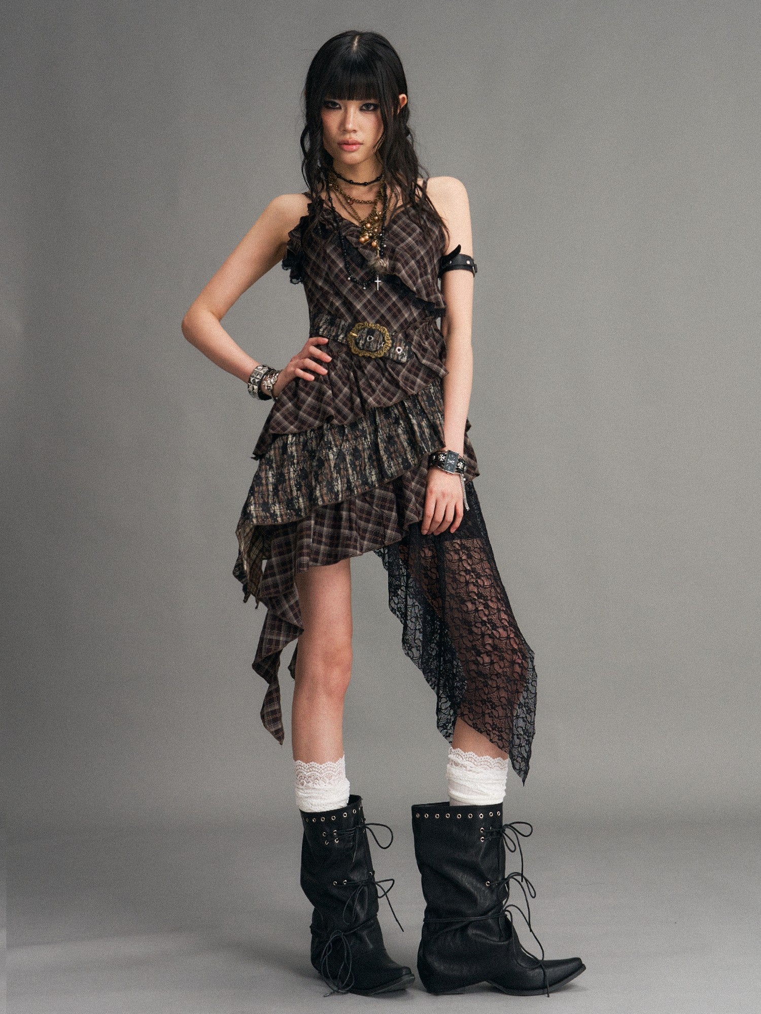 Frustration Garden Vintage Punk Asymmetrical Plaid Waist Cinched Women&