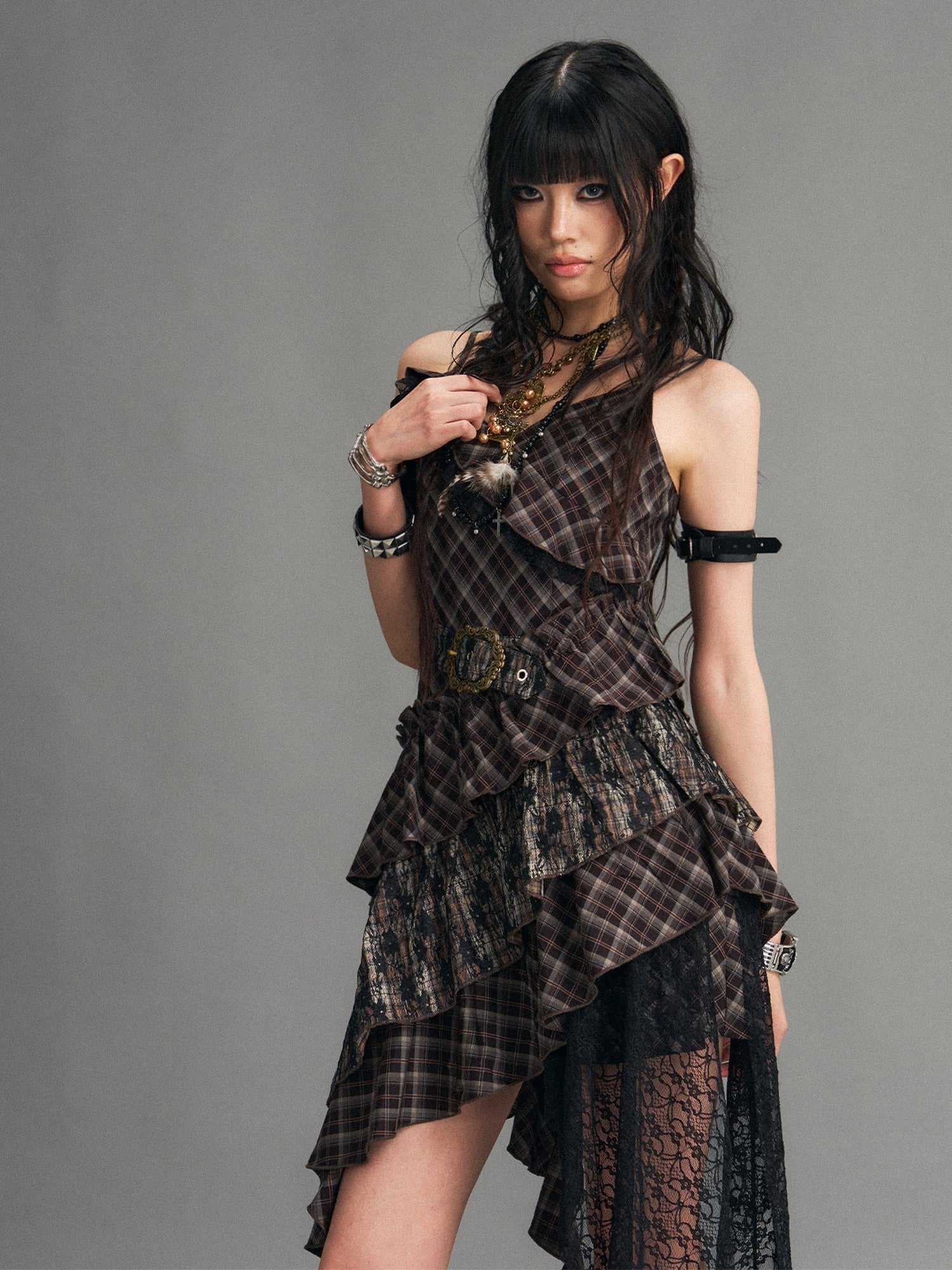 Frustration Garden Vintage Punk Asymmetrical Plaid Waist Cinched Women&