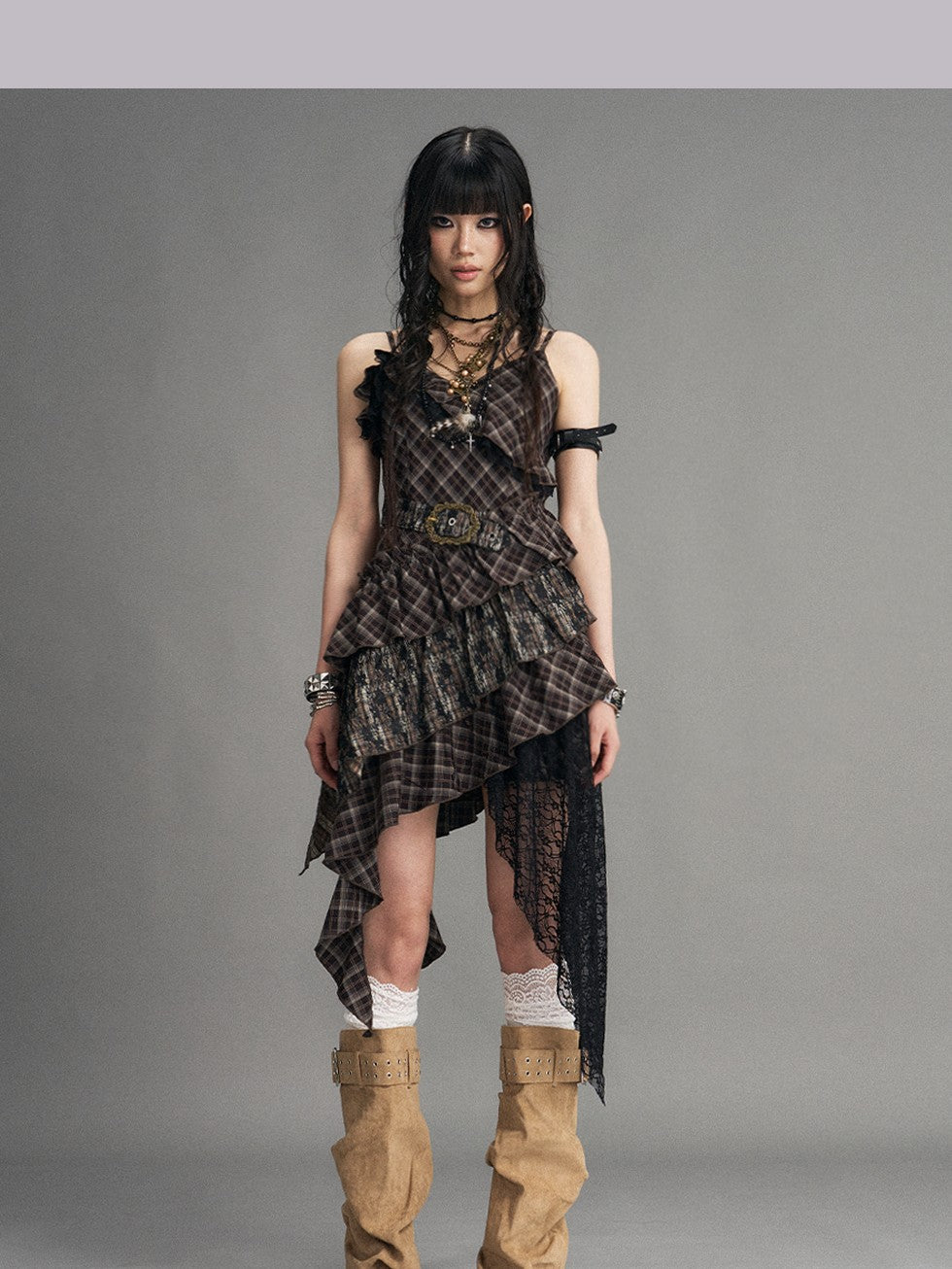 Frustration Garden Vintage Punk Asymmetrical Plaid Waist Cinched Women&