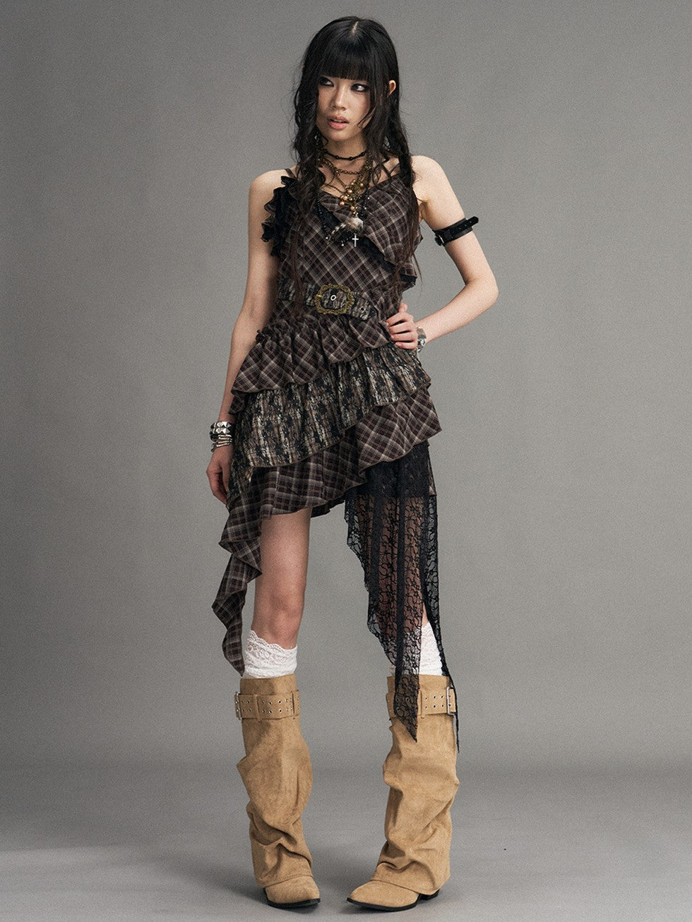 Frustration Garden Vintage Punk Asymmetrical Plaid Waist Cinched Women&