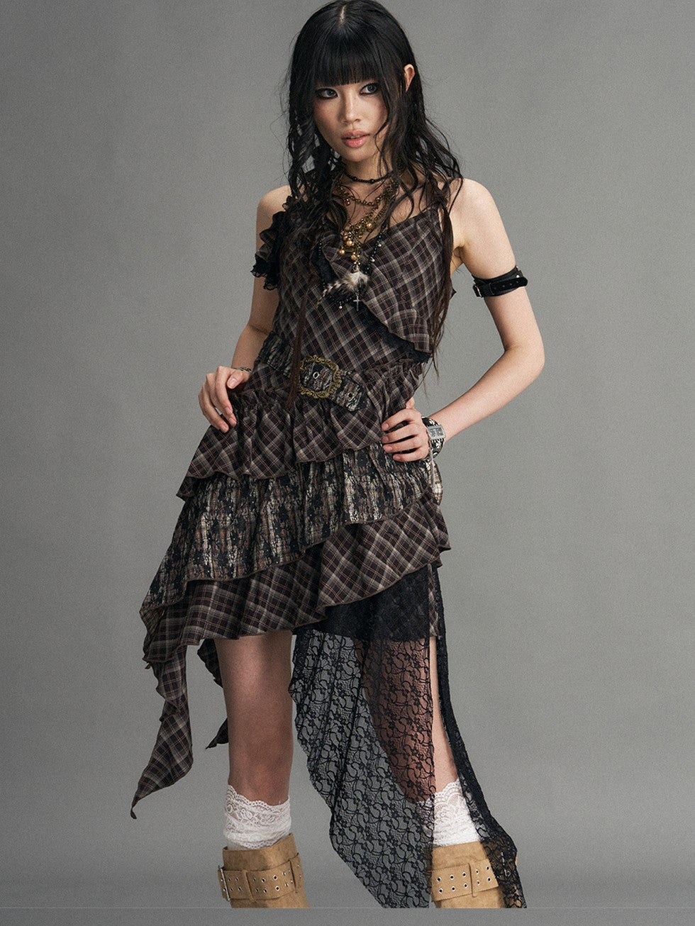 Frustration Garden Vintage Punk Asymmetrical Plaid Waist Cinched Women&