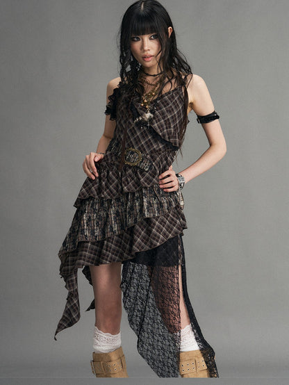Frustration Garden Vintage Punk Asymmetrical Plaid Waist Cinched Women&
