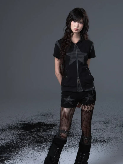 Frustration Garden Vintage Punk Star Striped Low Waist Knit Shorts