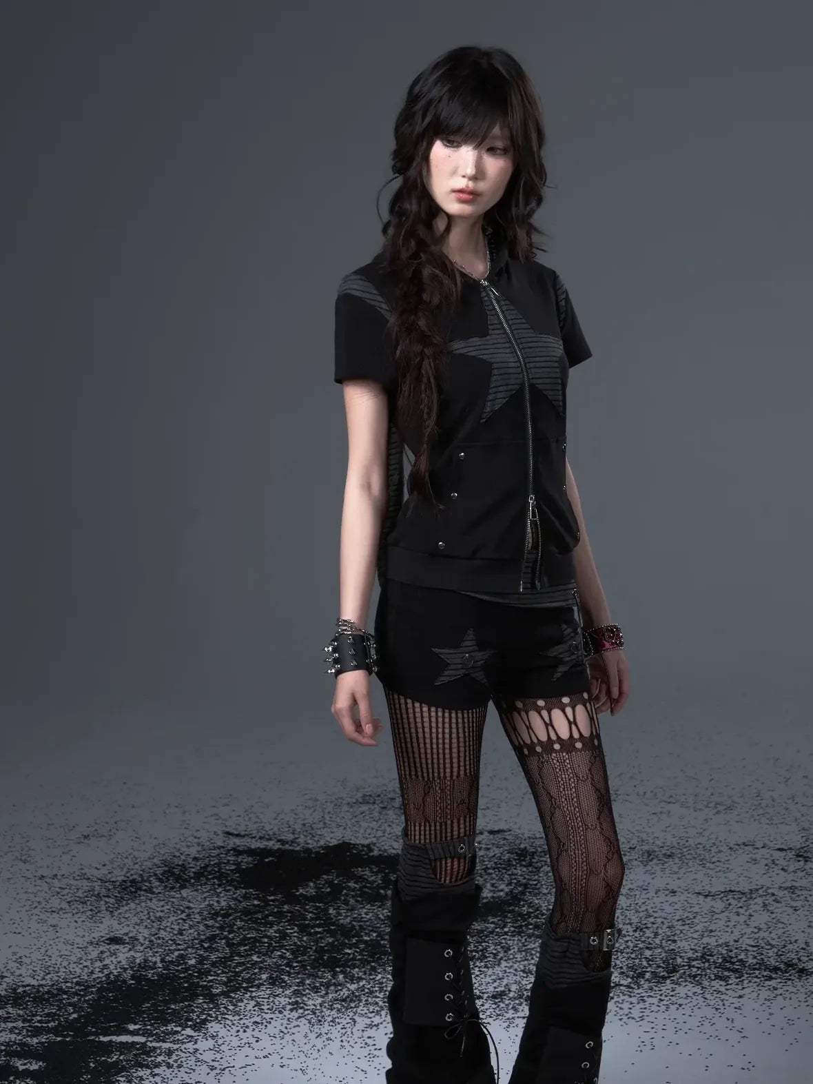 Frustration Garden Vintage Punk Star Striped Low Waist Knit Shorts