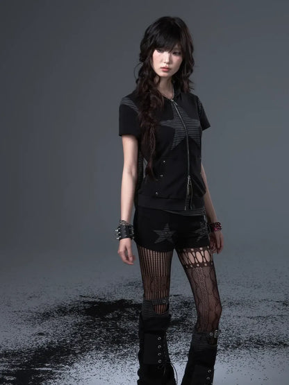 Frustration Garden Vintage Punk Star Striped Low Waist Knit Shorts