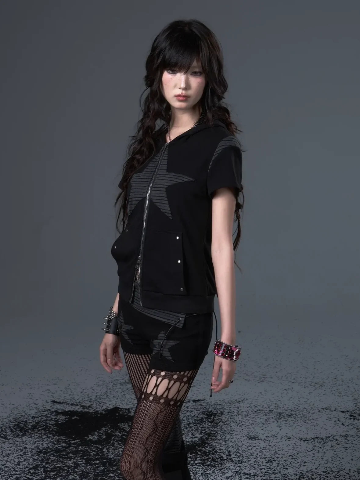 Frustration Garden Vintage Punk Star Striped Low Waist Knit Shorts