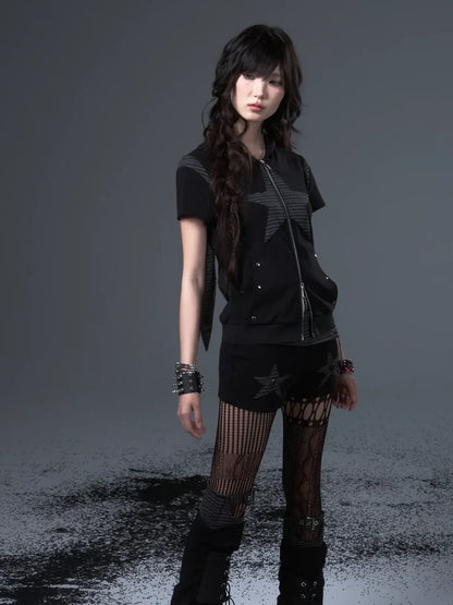 Frustration Garden Vintage Punk Star Striped Low Waist Knit Shorts