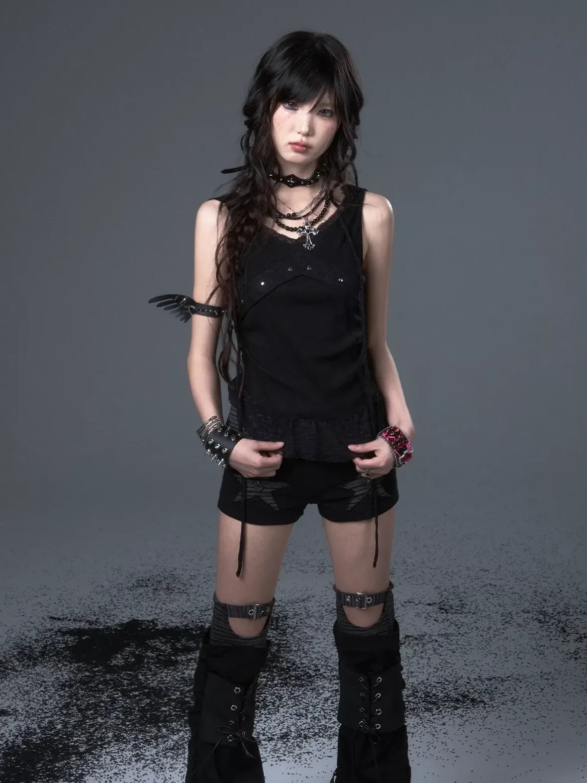 Frustration Garden Vintage Punk Star Striped Low Waist Knit Shorts