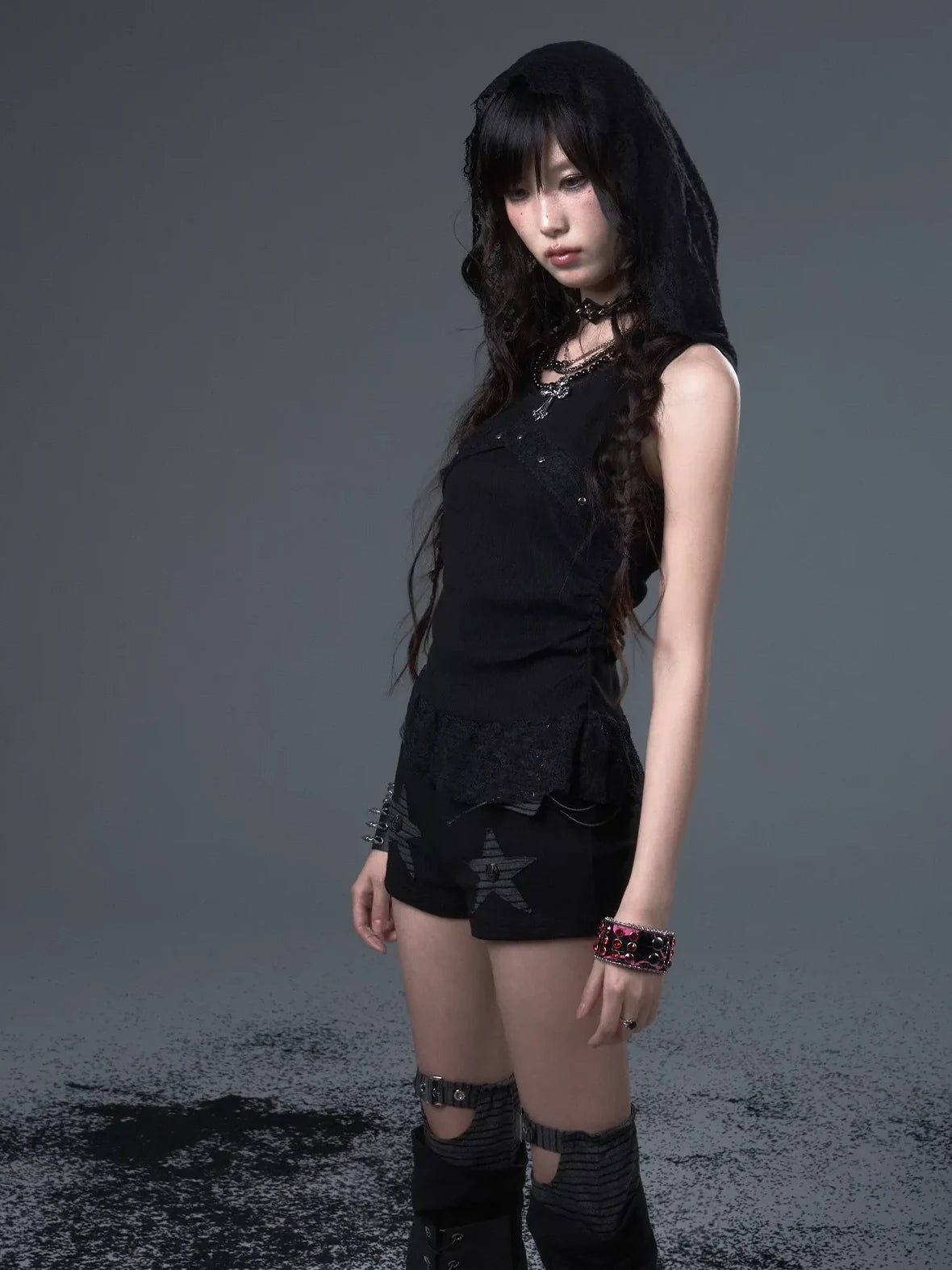 Frustration Garden Vintage Punk Star Striped Low Waist Knit Shorts