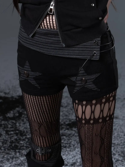 Frustration Garden Vintage Punk Star Striped Low Waist Knit Shorts