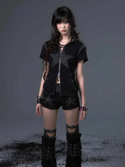 Frustration Garden Vintage Stripe Star Bunny Hooded Short Sleeve Top