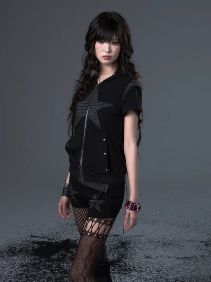 Frustration Garden Vintage Stripe Star Bunny Hooded Short Sleeve Top