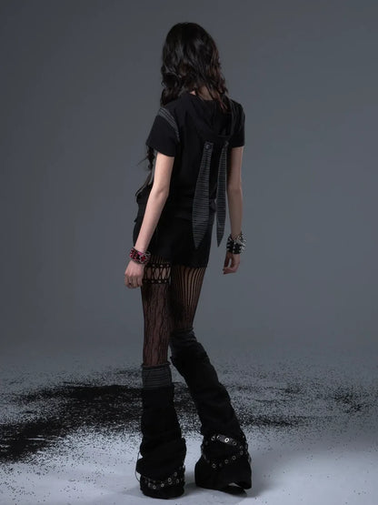 Frustration Garden Vintage Stripe Star Bunny Hooded Short Sleeve Top