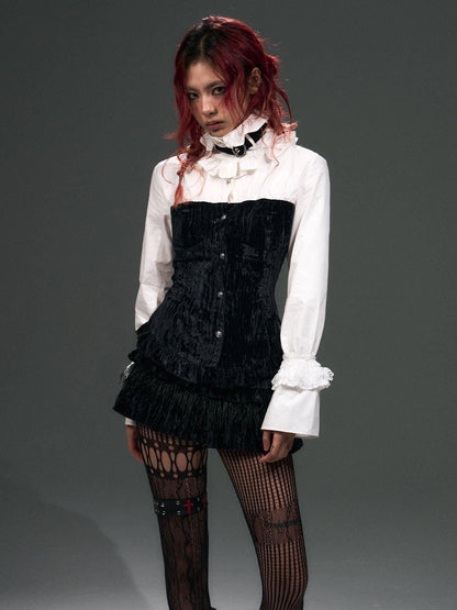 Frustration Garden Vintage Velvet Low Waist Lace Ruffle Button Lined Date Black Mini Skirt