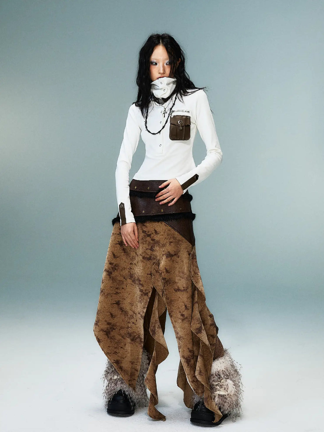 Frustration Garden Vintage Wanderer Asymmetrical Pu Leather Maxi Skirt