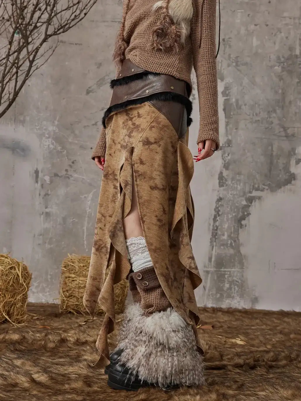 Frustration Garden Vintage Wanderer Asymmetrical Pu Leather Maxi Skirt