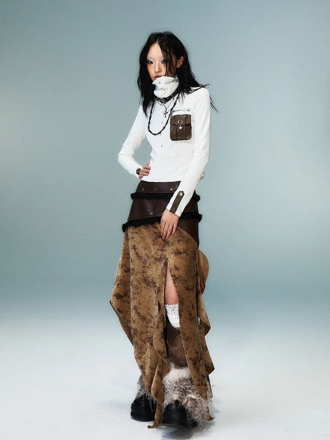 Frustration Garden Vintage Wanderer Asymmetrical Pu Leather Maxi Skirt