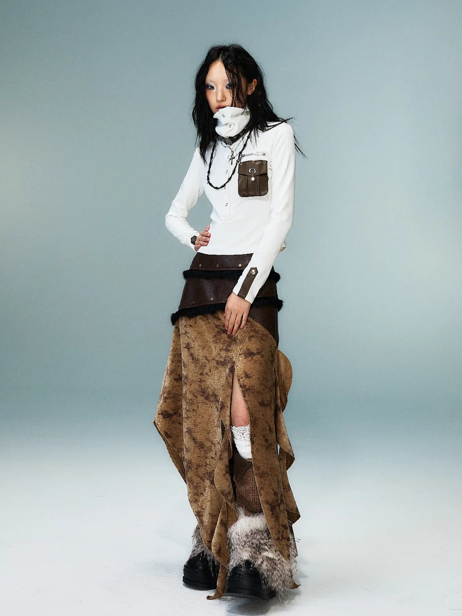 Frustration Garden Vintage Wanderer Asymmetrical Pu Leather Maxi Skirt