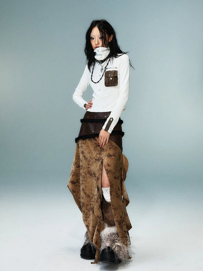 Frustration Garden Vintage Wanderer Asymmetrical Pu Leather Maxi Skirt