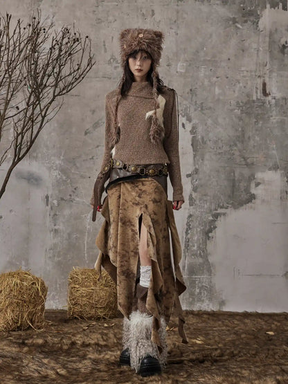 Frustration Garden Vintage Wanderer Asymmetrical Pu Leather Maxi Skirt