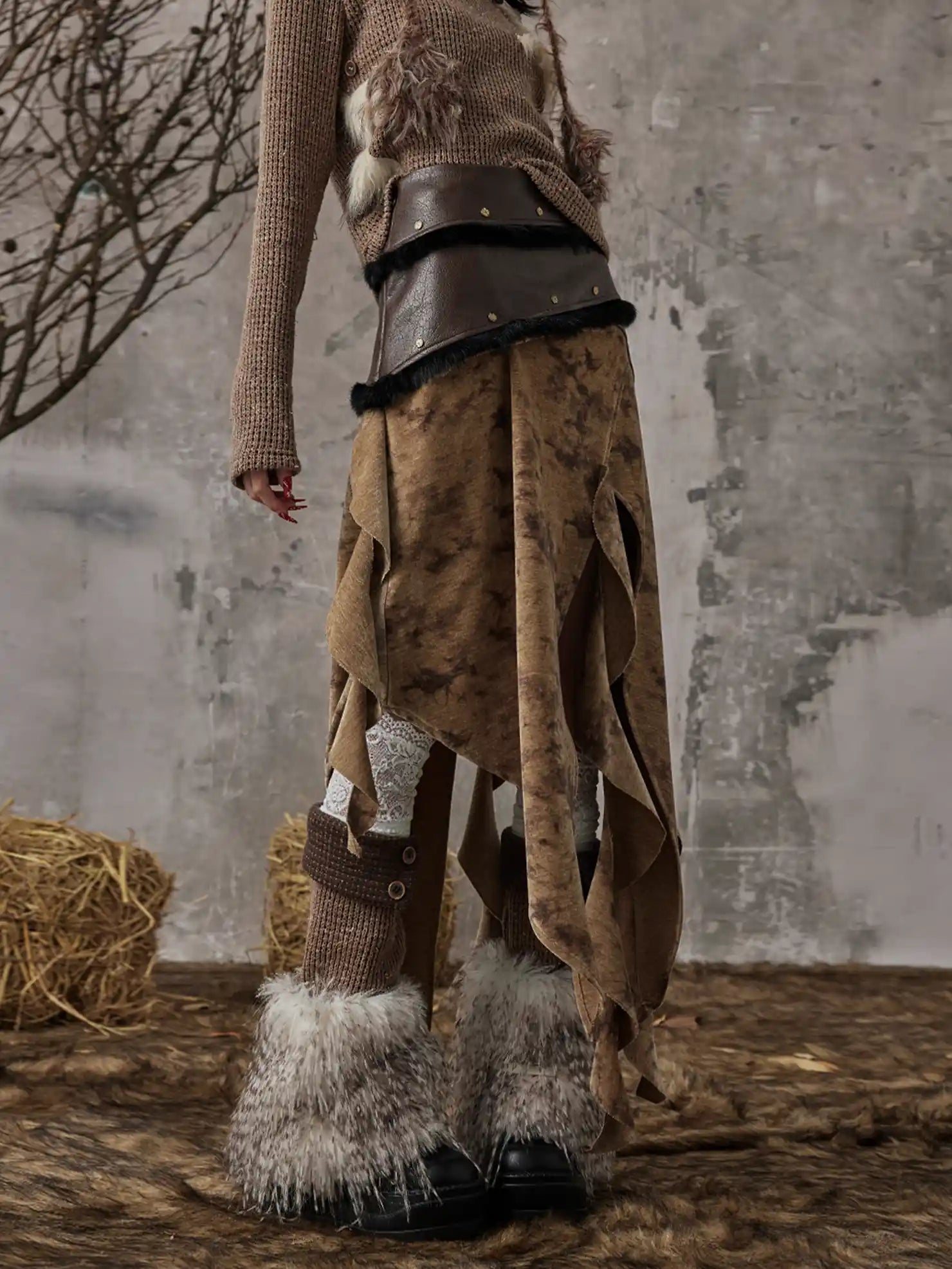 Frustration Garden Vintage Wanderer Asymmetrical Pu Leather Maxi Skirt