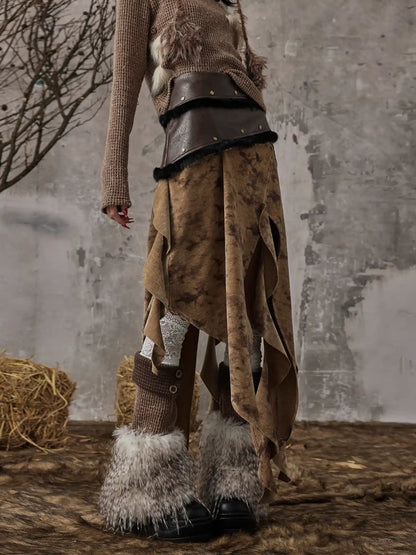 Frustration Garden Vintage Wanderer Asymmetrical Pu Leather Maxi Skirt