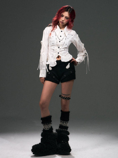 Frustration Garden Warm Mid Rise Slim Fit 3D Embellished Women Daily Polyester Knit Black Shorts