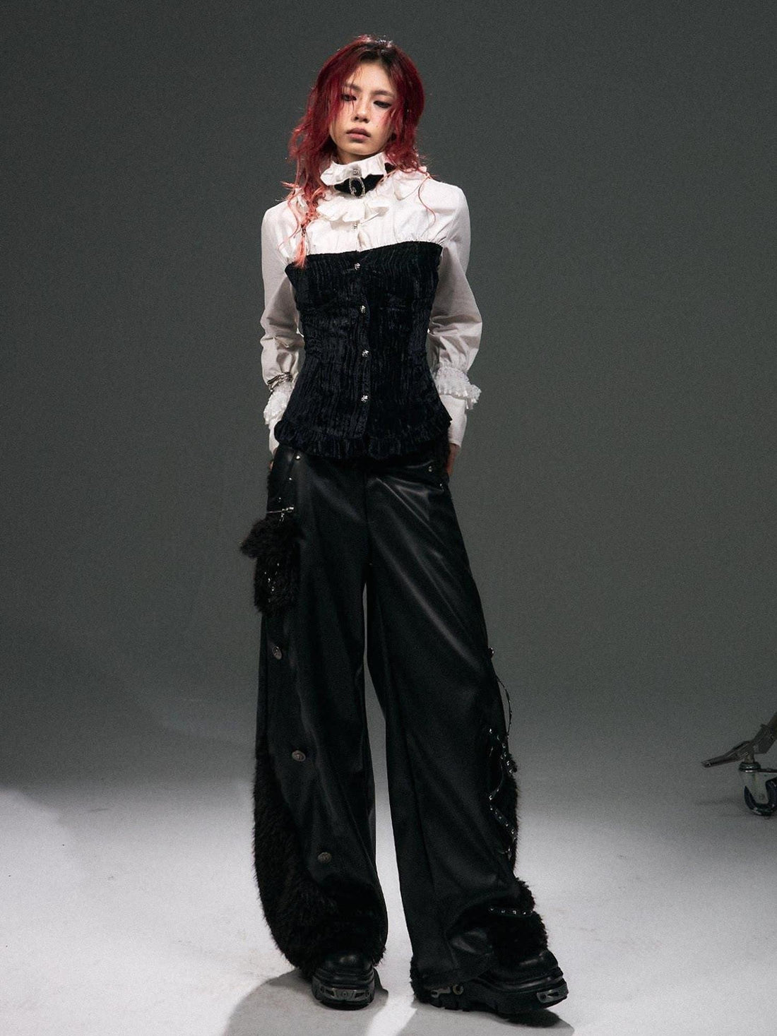 Frustration Garden Warm Pu Asymmetric Patchwork Punk Wide Leg Women Mid Low Waist Black Pants