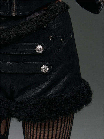 Frustration Garden Warm Pu Patchwork Vintage Low Waist Slim Fit Women Black Zipper Shorts