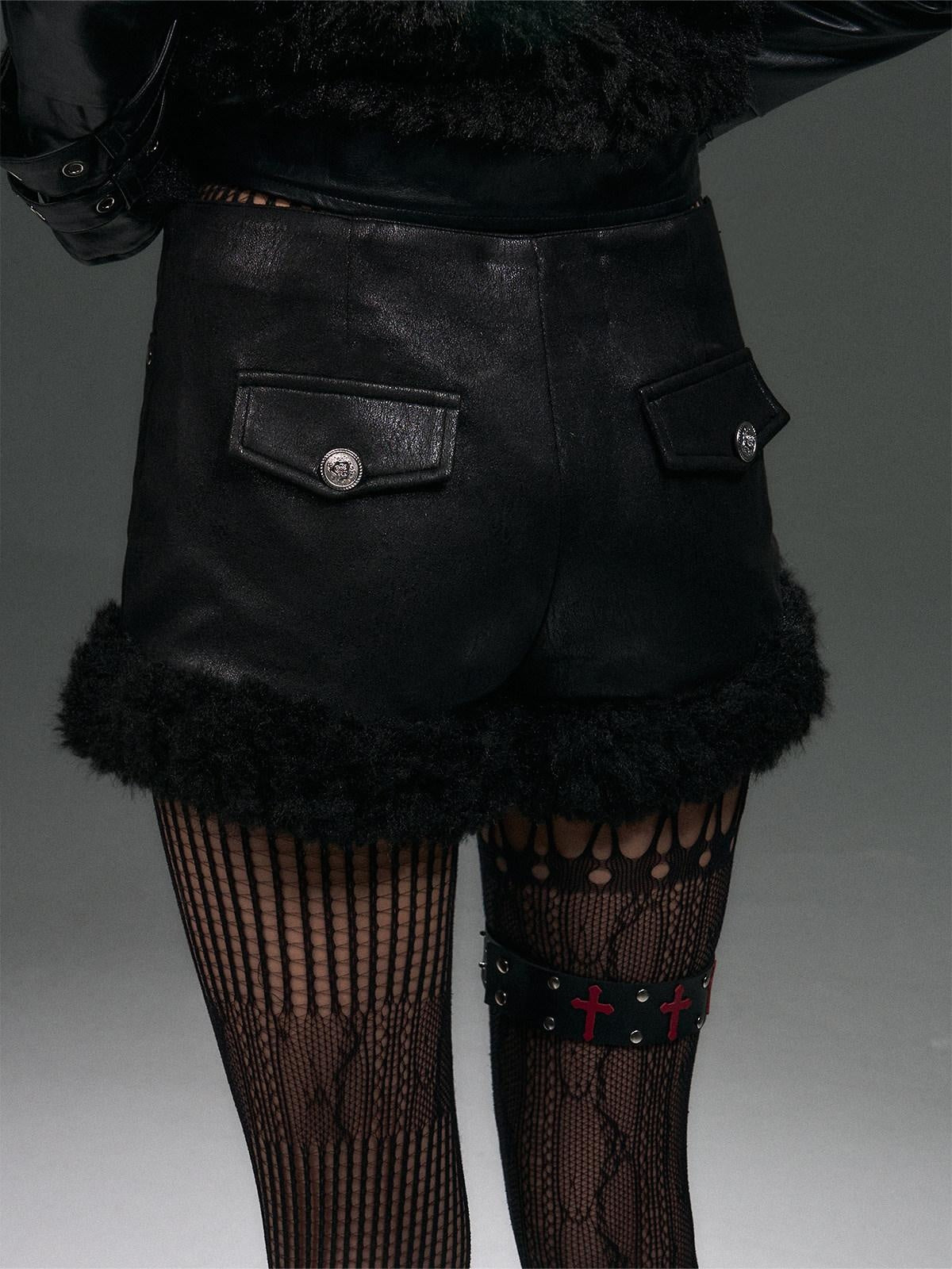 Frustration Garden Warm Pu Patchwork Vintage Low Waist Slim Fit Women Black Zipper Shorts