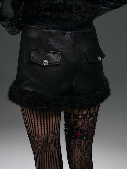Frustration Garden Warm Pu Patchwork Vintage Low Waist Slim Fit Women Black Zipper Shorts