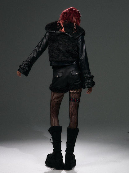 Frustration Garden Warm Pu Patchwork Vintage Low Waist Slim Fit Women Black Zipper Shorts