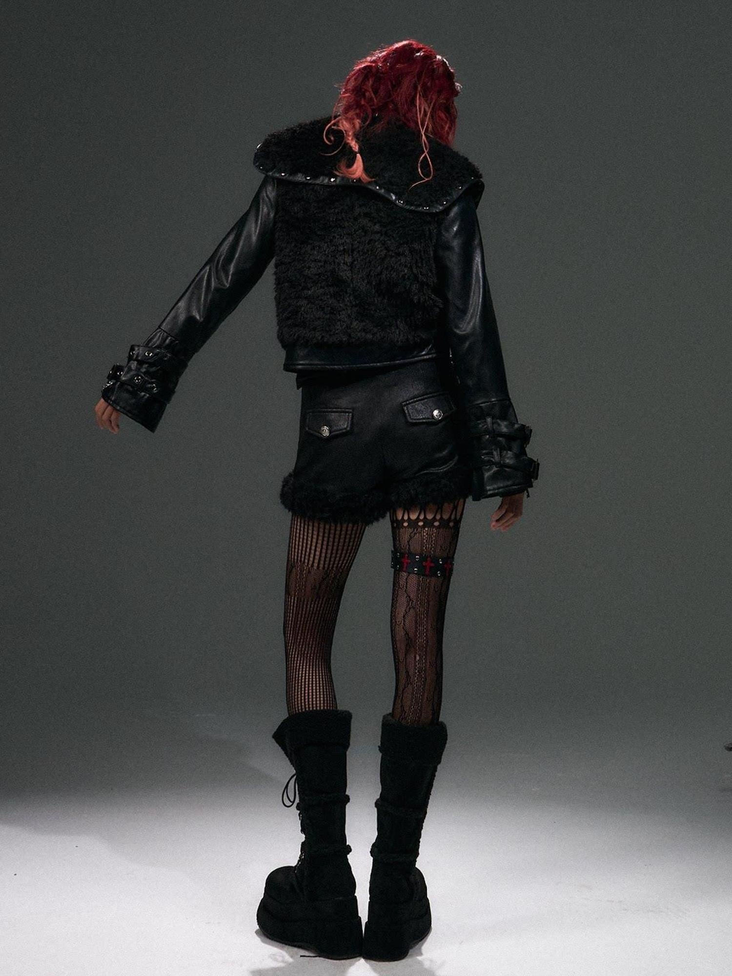 Frustration Garden Warm Pu Patchwork Vintage Low Waist Slim Fit Women Black Zipper Shorts