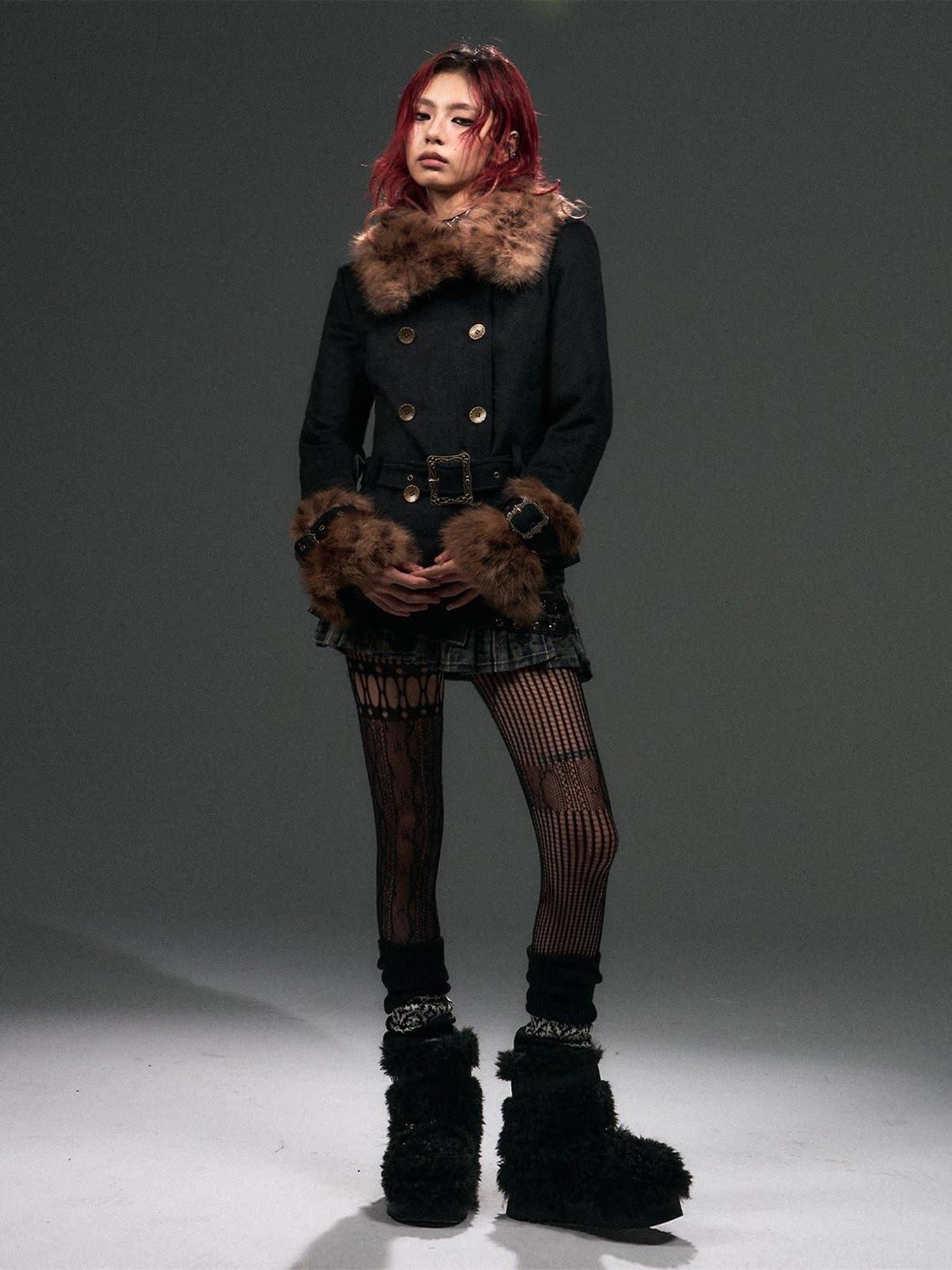 Frustration Garden Warm Wool Blend Belted Vintage Short Doublebreasted Furcollar Black Leopard Coat