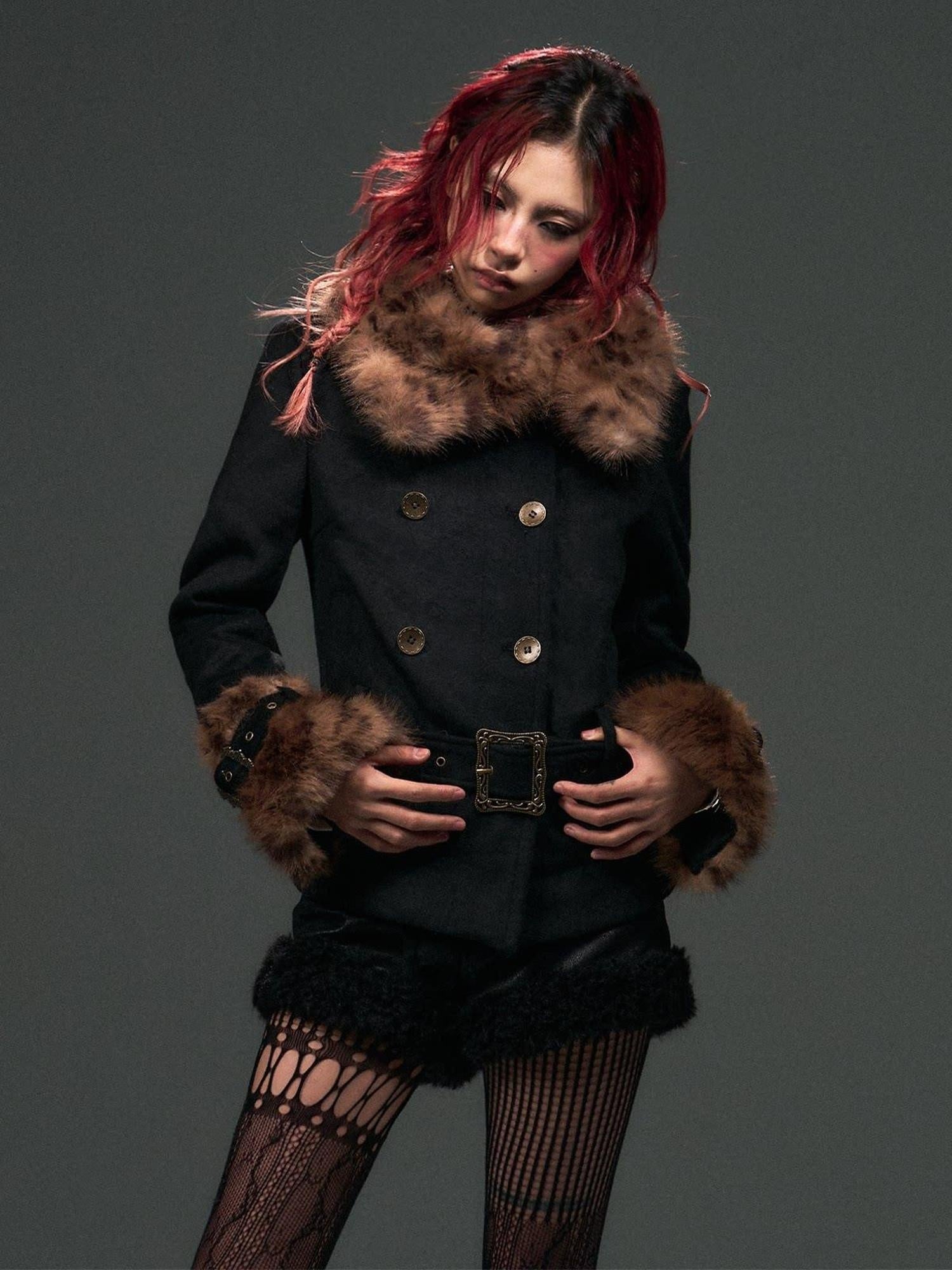 Frustration Garden Warm Wool Blend Belted Vintage Short Doublebreasted Furcollar Black Leopard Coat